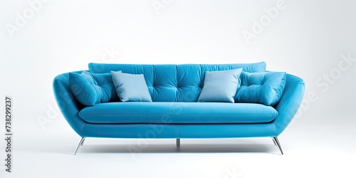 Series of furniture: Blue sofa with pillows, metal legs, white background. © Sona
