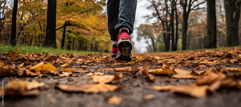 Feet of a jogger run up in autumn weather with leaves on the ground Feet of a jogger run up in autumn weather with leaves on the ground