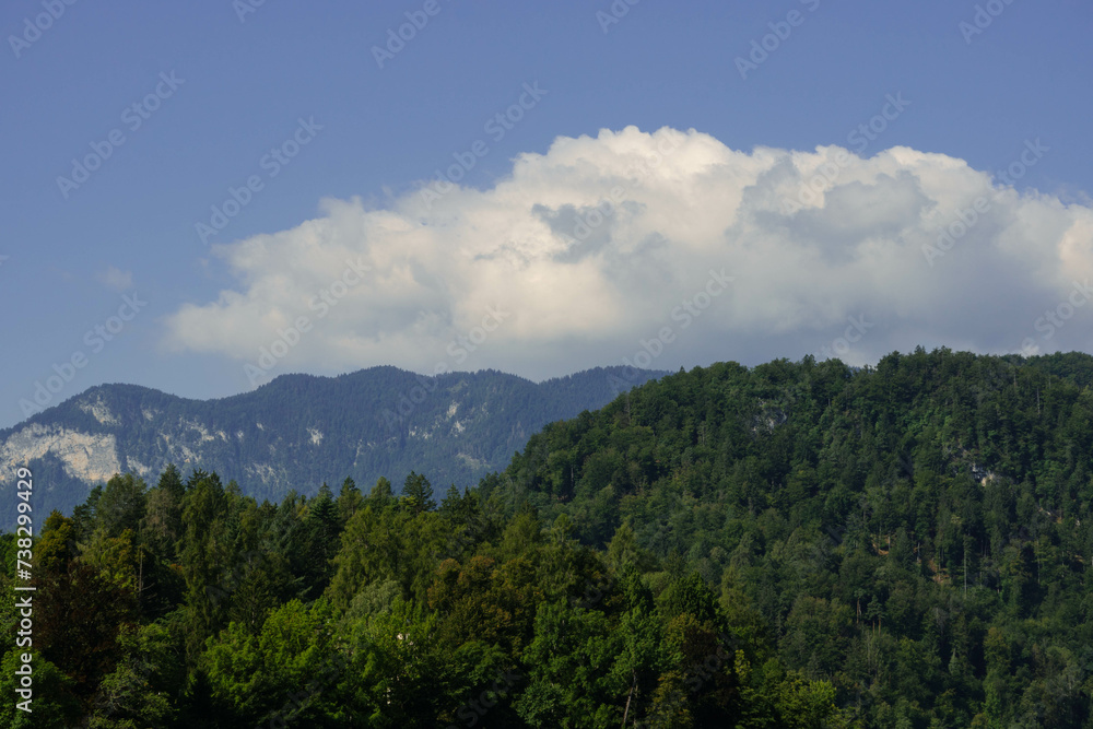 view of huge gray mountains and clouds in stormy moment and green forest around