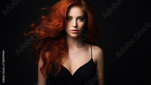 young beautiful fiery red-haired model with voluminous hair fluttering in the wind, in a black evening dress on a black background © Margo_Alexa