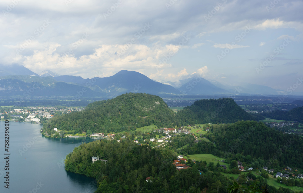 top view of gorgeous clear water blue lake and mountains around in slovenia 