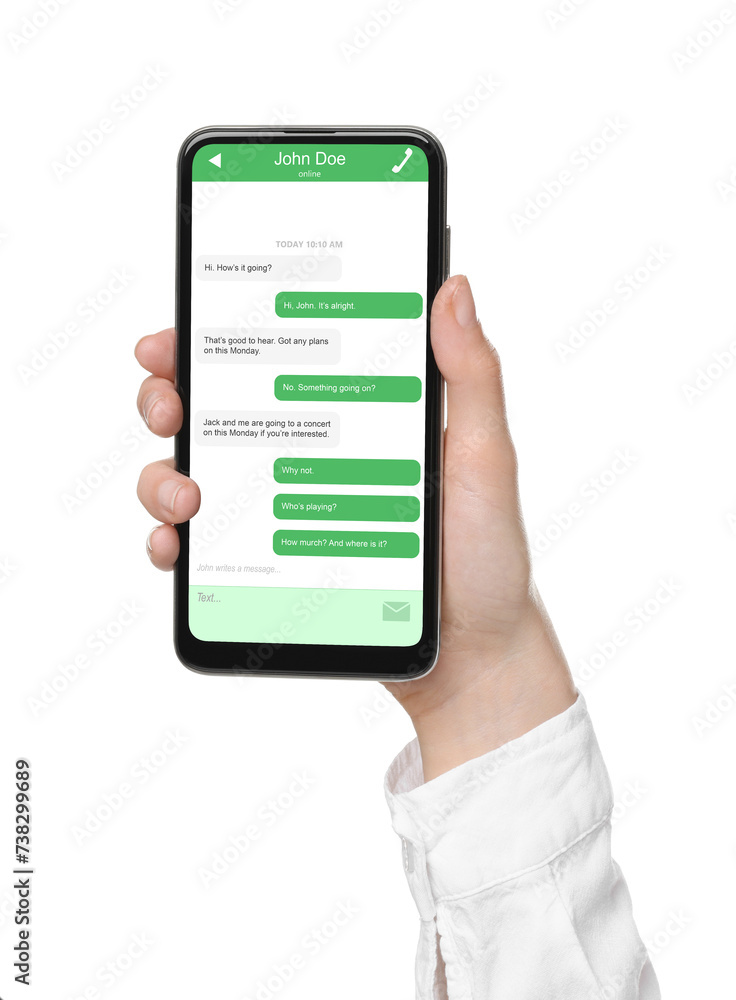Woman texting with friend using messaging application on smartphone against white background, closeup Woman texting with friend using messaging application on smartphone against white background, closeup