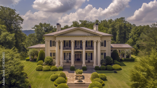 Nestled in the rolling hills this stunning private residence boasts the characteristics of a clic Greek Revival home including a dramatic pediment stately columns and a grand photo