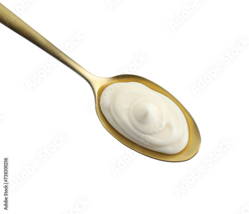 Golden spoon with mayonnaise isolated on white  top view