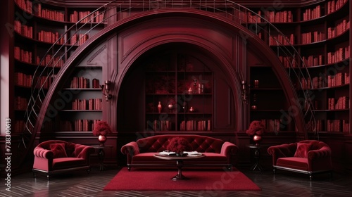 The background of the bookcases is in Crimson color