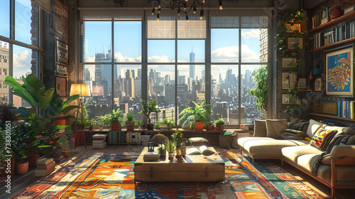 A loft with a lot of windows, a sofa, a coffee table, and a rug. A plant and a lamp are on the table. A book and a pillow are on the sofa. A city and a sky are in the view.