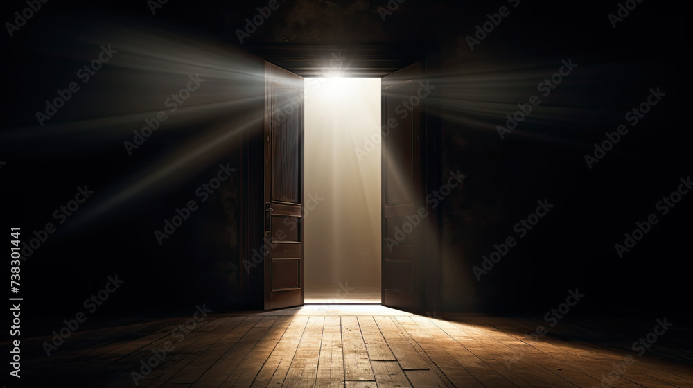 Rays of light enter a dark room through a half-open door. Concept of hope - obrazy, fototapety, plakaty 