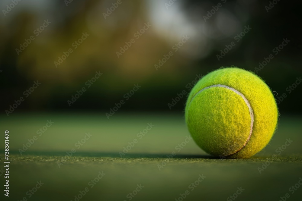 A close-up of a vibrant yellow tennis ball on a green clay court, with a blurred background offering ample space for text.