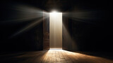 Rays of light enter a dark room through a half-open door. Concept of hope
