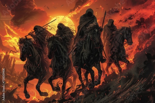 A captivating illustration of the Four Horsemen of the Apocalypse, symbolizing conquest, war, famine, and death, against a tumultuous backdrop.