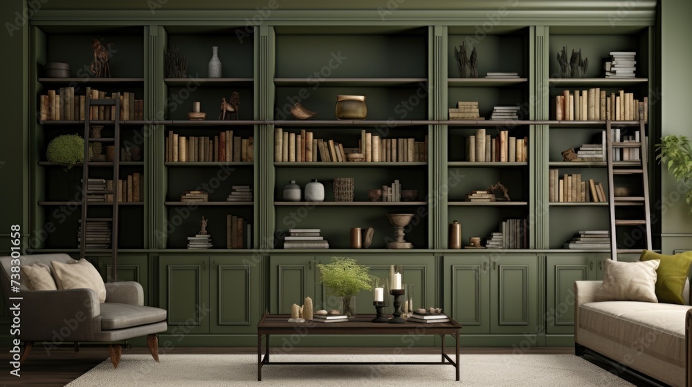 Fototapeta premium The background of the bookcases is in Olive color.