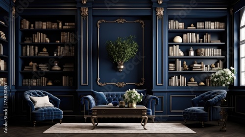 The background of the bookcases is in Navy Blue color