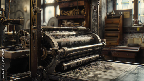 An old-fashioned printing press with metal typefaces and ink-stained rollers
