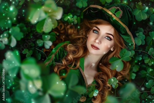 St. Patrick's Day. Young woman in green leprechaun elf costume on green clover leafs background