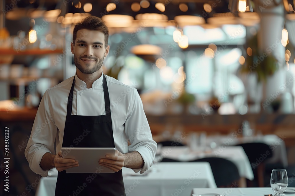 Beautiful man waiter in apron and holding digital tablet Beautiful man waiter in apron and holding digital tablet