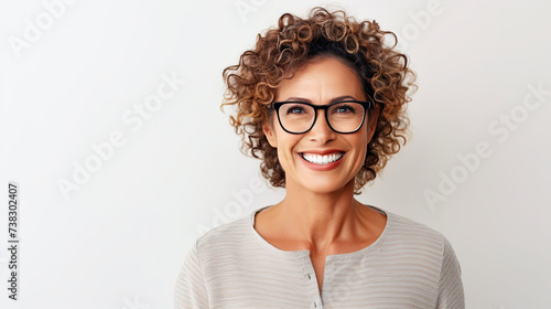 Happy satisfied woman wearing glasses portrait on white background photo
