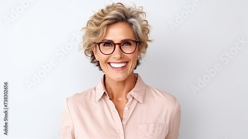 Happy satisfied woman wearing glasses portrait on white background