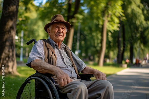 Portrait of disabled senior man sitting in wheelchair in the park