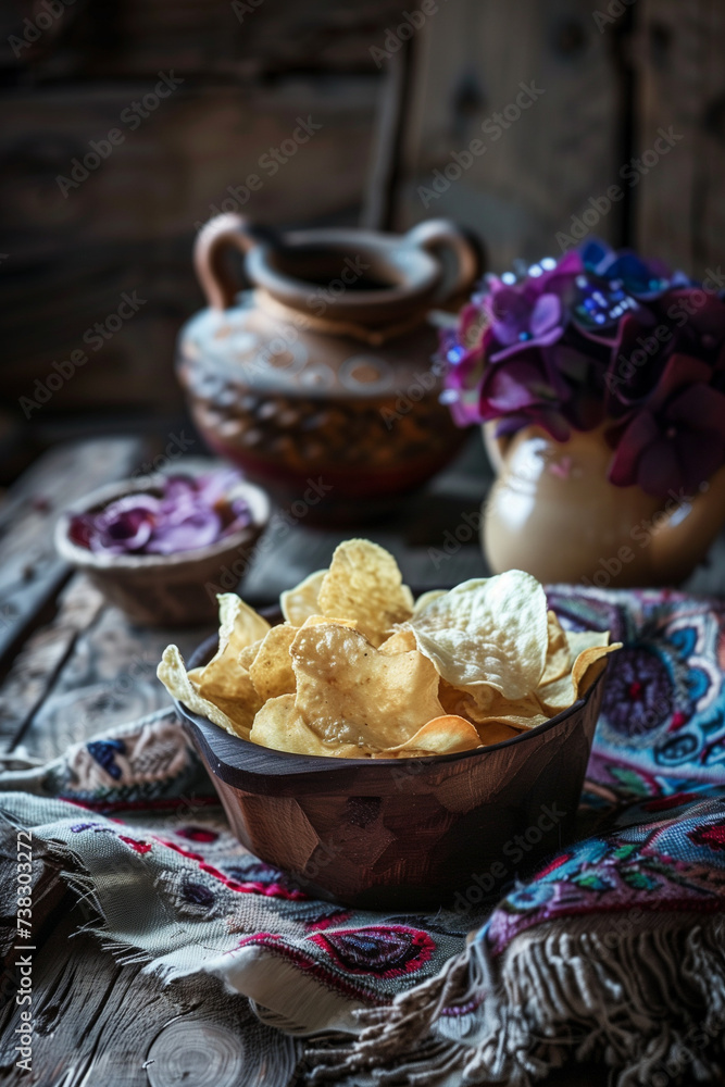 Potato chips in a bowl on a wooden table, rustic decorations with embroidery and pottery