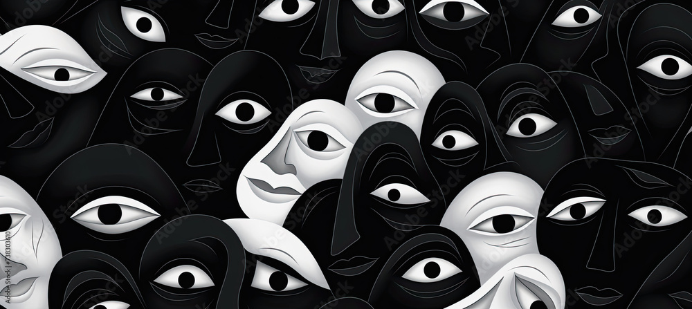 Black and white illustration of Pattern of a group of faces with different emotions background Black and white illustration of Pattern of a group of faces with different emotions background