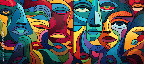 Colorful illustration of Pattern of a group of faces with different emotions background
