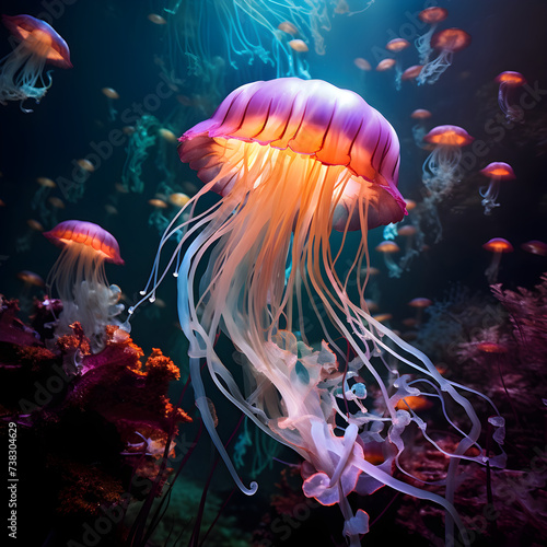 Surreal Translucence: Luminescent Jellyfish amidst Vibrant FZ Underwater Species in their Enthralling Habitat