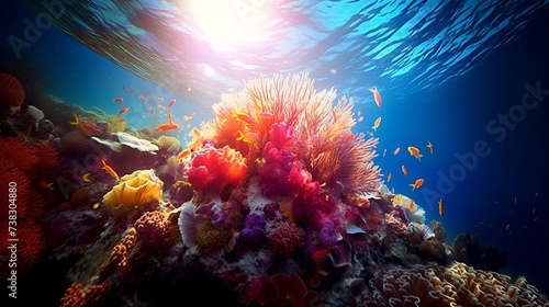 View from below of a beautiful colorful coral reef with a water column through which sunlight breaks through. Colorful Tropical coral reef and fish in the Sea.  Pink coral reef in the deep blue ocean.