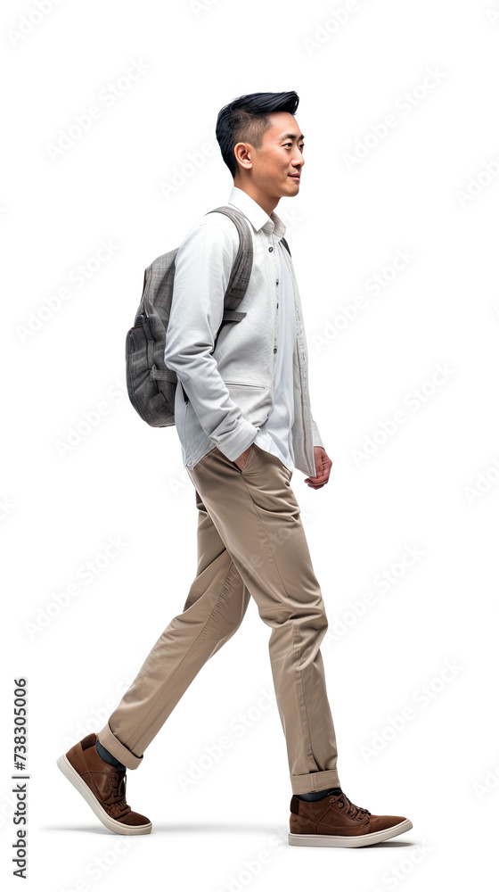 Side view, Asian man walking in a comfortable outfit. Full body. Isolated on white background Side view, Asian man walking in a comfortable outfit. Full body. Isolated on white background