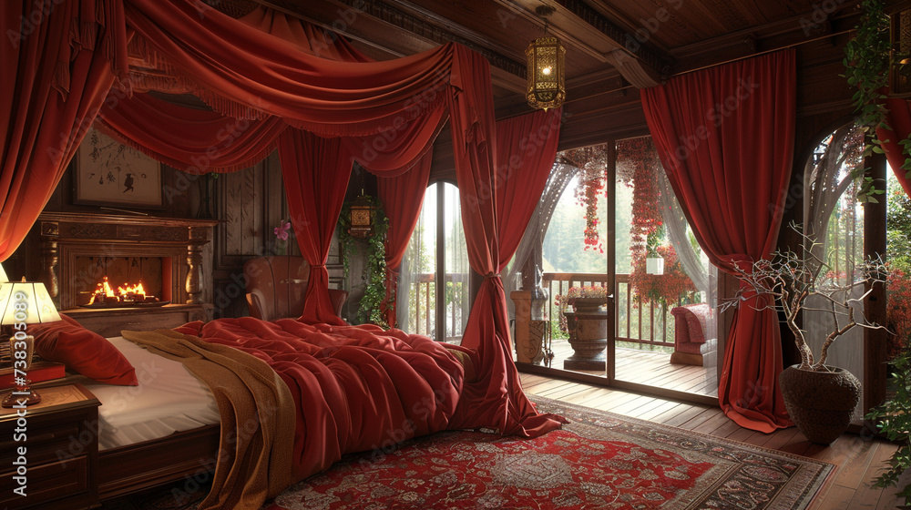 A romantic bedroom with a canopy bed, a red duvet, a fireplace, and a balcony.
