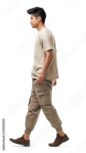 Side view, Asian man walking in a comfortable outfit. Full body. Isolated on white background