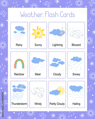 Weather flash cards topical vocabulary learning printable, educational English worksheet for kids, nursery, kindergarten, pre-school, leisure activity game, teacher resources, flat vector illustration