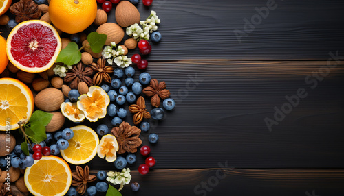 Fresh fruit on wooden table, nature healthy dessert decoration generated by AI