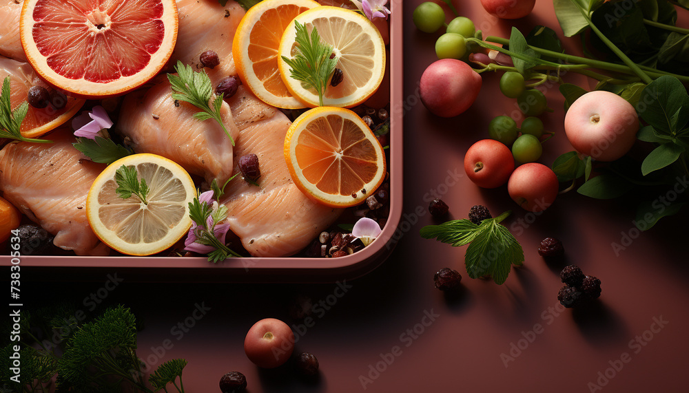 Freshness of lemon, fruit, meat, fillet, gourmet, slice, seafood, vegetable, grill generated by AI