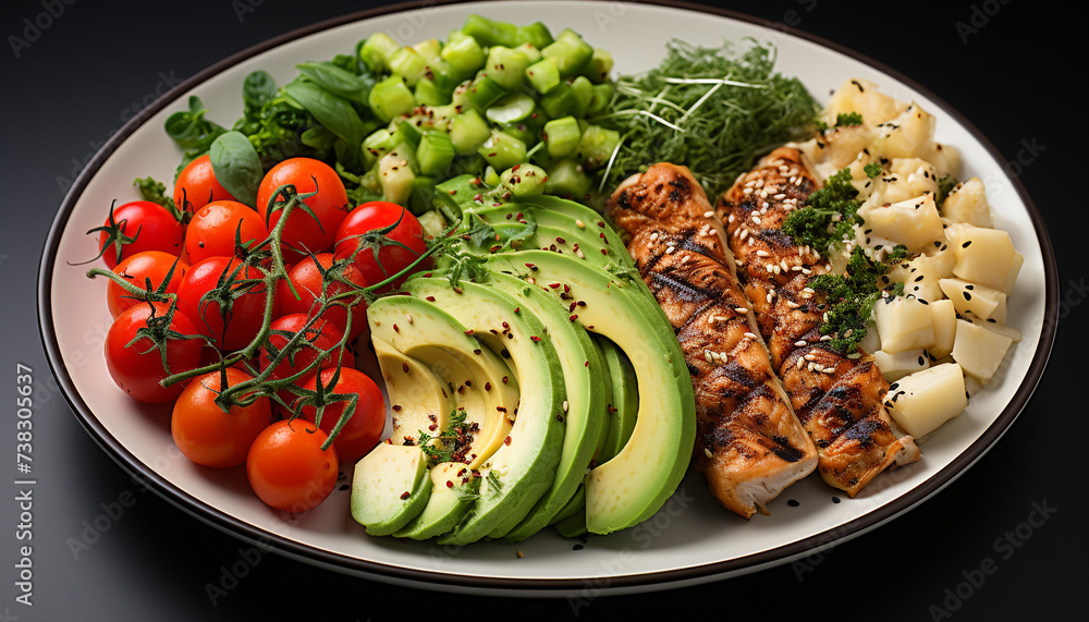 Grilled meat and vegetables on plate, a healthy gourmet meal generated by AI Grilled meat and vegetables on plate, a healthy gourmet meal generated by AI