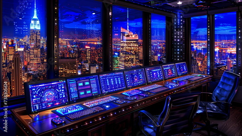 Futuristic control room with high-tech screens and gadgets overlooking a city skyline at night  evoking a sense of advanced surveillance and technology.