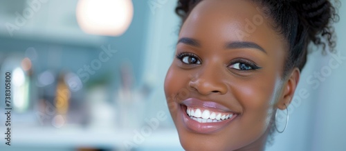 Contented African American woman, who recently had dental treatment, happily admiring her smile in a clinic.