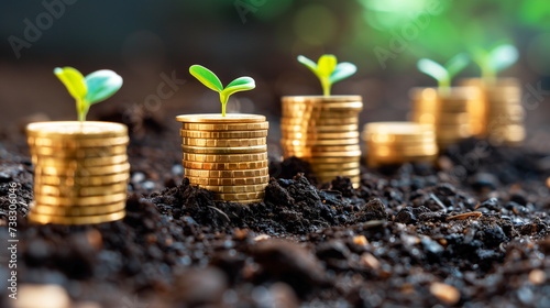 Rows of coins in soil with small plants sprouting, representing investment, growth, and sustainable finance.