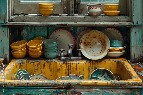 Amidst the decaying walls of an abandoned building, a sink overflows with dirty bowls, pots, and dishes, a haunting reminder of the forgotten lives that once filled the wooden shelves photo