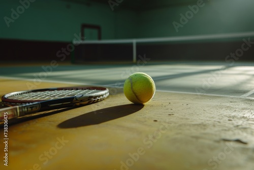 A tennis ball and racket on the court, focusing on the equipment and potential for play.