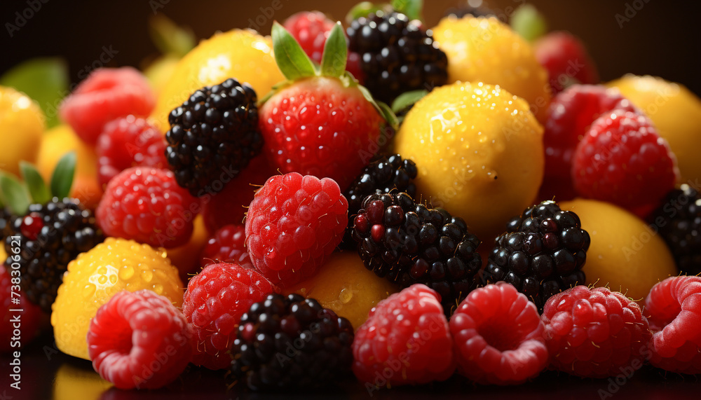 Fresh, juicy berries on a wooden plate, a colorful delight generated by AI Fresh, juicy berries on a wooden plate, a colorful delight generated by AI