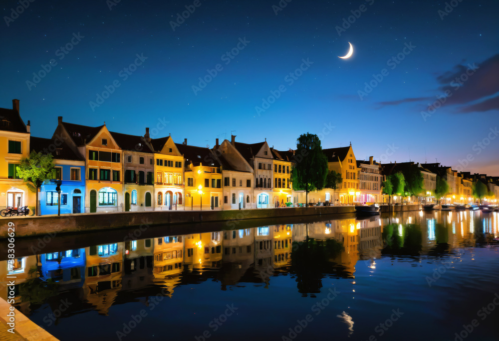 Naklejka premium Starry Night over Tranquil European Waterfront