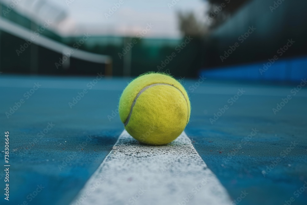 A tennis ball at the service line, with a clear focus on the line and the strategy of serving.