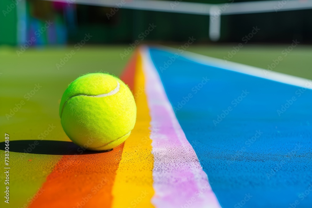 A tennis ball on a colorful court, with vibrant hues highlighting the playful aspect of the sport.