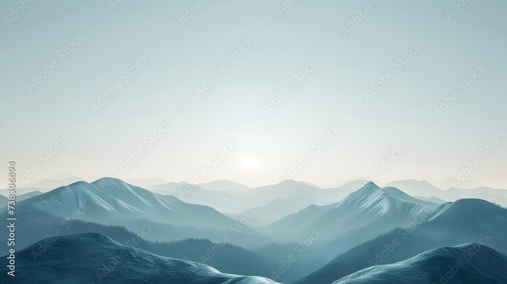 An 8k ultra-realistic image depicting a minimalist mountain landscape under a vast, clear sky. The mountains are rendered with just enough detail to convey their form, 