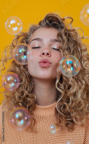 A young cute woman, a teenage girl who is blowing gum and making bubble gum balloons. Yellow background, nice cheerful portrait.