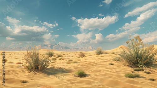 An 8k ultra-realistic image showcasing a minimalist desert landscape under a vast sky. The composition focuses on the subtle textures and colors of the sand, with a few sparse desert plants 