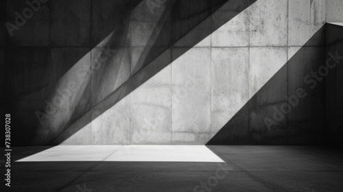An abstract composition of geometric shapes and patterns created by the interplay of light and shadows on a concrete wall