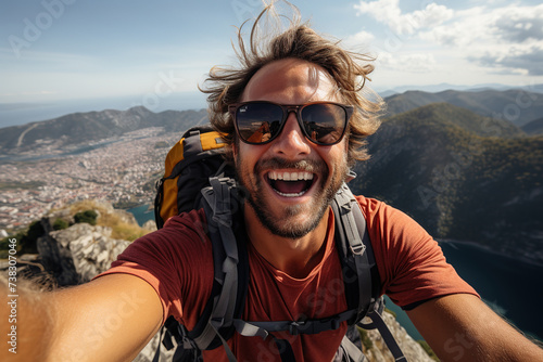 Happy man with backpack and sunglasses taking selfie picture on top of the mountain Cheerful hiker climbing the cliff outdoors. Travel blogger