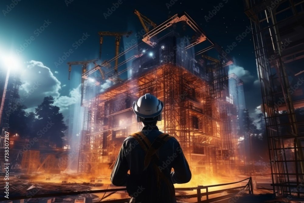Fototapeta premium Virtual reality architectural 3d construction model with vr headset for precise design and testing