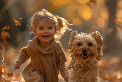 A playful terrier leads a young girl through a picturesque autumn scene, their bond evident as they enjoy the crisp air and colorful leaves together